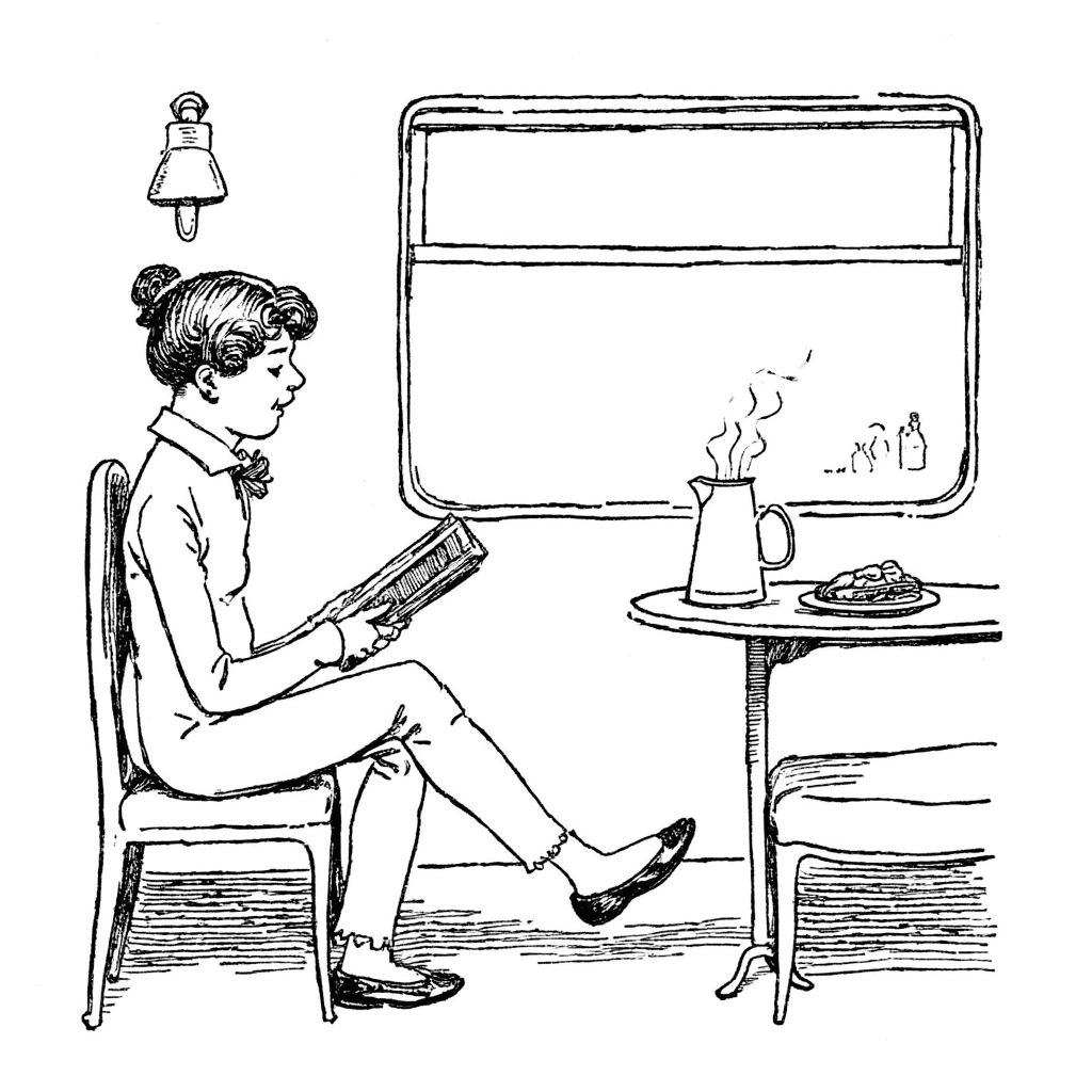 A person reading comfortably on a train with coffee nearby